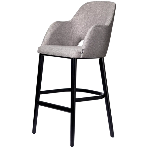 Alfi Bar Stool With Arms With Taupe Woven Shell And Black Timber Legs, Viewed From Angle In Front