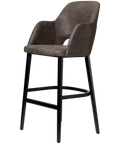 Alfi Bar Stool With Arms With Vintage Charcoal Shell And Black Timber Legs, Viewed From Angle In Front