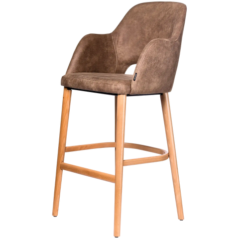 Alfi Bar Stool With Arms With Vintage Mocha Shell And Trojan Oak Timber Legs, Viewed From Angle In Front