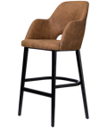Alfi Bar Stool With Arms With Vintage Tan Shell And Black Timber Legs, Viewed From Angle In Front
