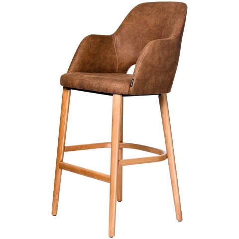 Alfi Bar Stool With Arms With Vintage Tan Shell And Trojan Oak Timber Legs, Viewed From Angle In Front