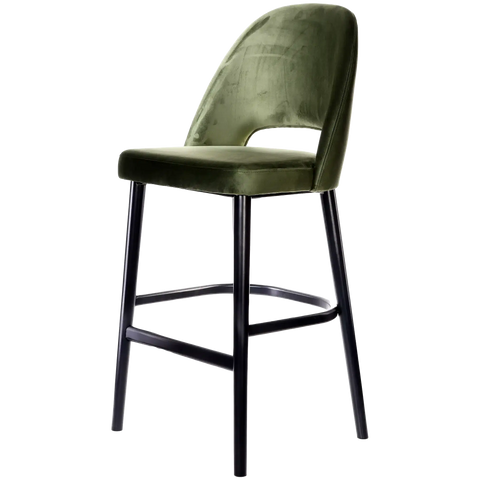 Alfi Bar Stool With Avocado Velvet Shell And Black Timber Legs, Viewed From Angle In Front