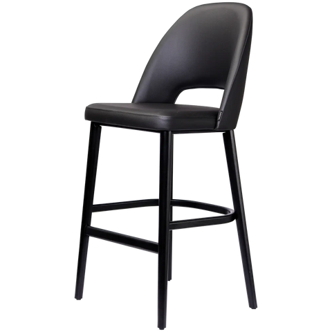 Alfi Bar Stool With Black Vinyl Shell And Black Timber Legs Black Timber Legs, Viewed From Angle In Front