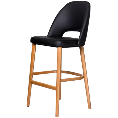 Alfi Bar Stool With Black Vinyl Shell And Black Timber Legs Trojan Oak Timber Legs, Viewed From Angle In Front