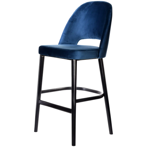 Alfi Bar Stool With Denim Velvet Shell And Black Timber Legs, Viewed From Angle In Front