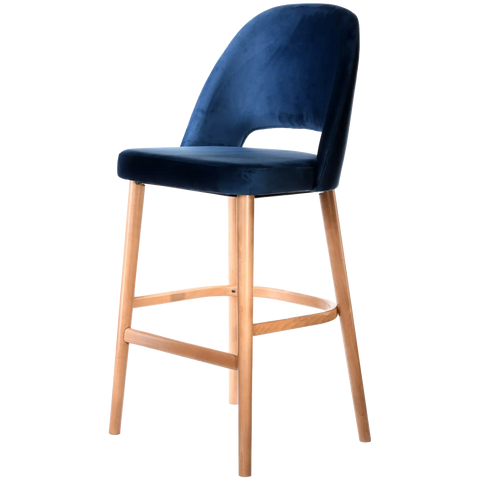 Alfi Bar Stool With Denim Velvet Shell And Trojan Oak Timber Legs, Viewed From Angle In Front