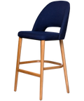 Alfi Bar Stool With Navy Woven Shell And Trojan Oak Timber Legs, Viewed From Angle In Front