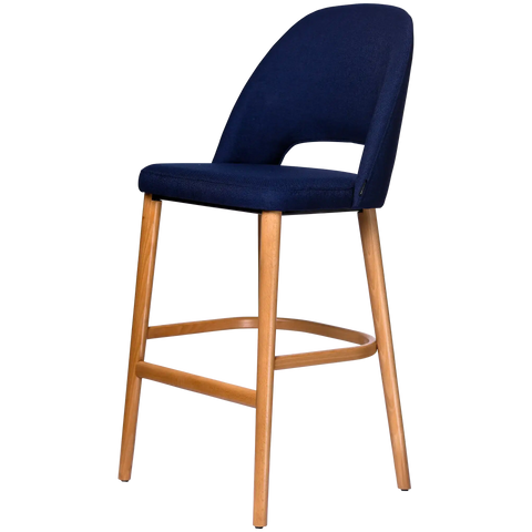 Alfi Bar Stool With Navy Woven Shell And Trojan Oak Timber Legs, Viewed From Angle In Front