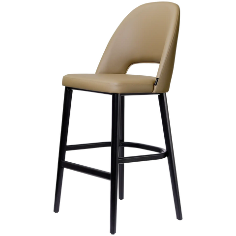 Alfi Bar Stool With Taupe Vinyl Shell And Black Timber Legs, Viewed From Angle In Front