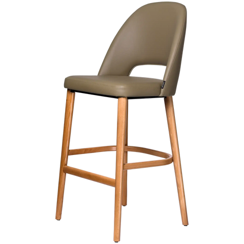 Alfi Bar Stool With Taupe Vinyl Shell And Trojan Oak Timber Legs, Viewed From Angle In Front