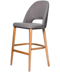 Alfi Bar Stool With Taupe Woven Shell And Trojan Oak Timber Legs, Viewed From Angle In Front