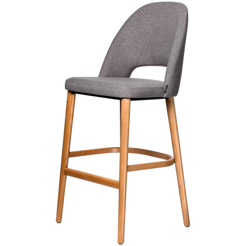 Alfi Bar Stool With Taupe Woven Shell And Trojan Oak Timber Legs, Viewed From Angle In Front