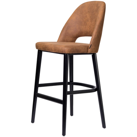 Alfi Bar Stool With Vintage Tan Shell And Black Timber Legs, Viewed From Angle In Front