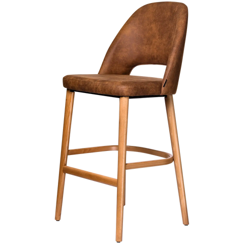 Alfi Bar Stool With Vintage Tan Shell And Trojan Oak Timber Legs, Viewed From Angle In Front