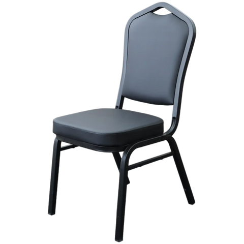 Bradman Chair With Black Vinyl Upholstery And Black Frame, Viewed From Angle In Front