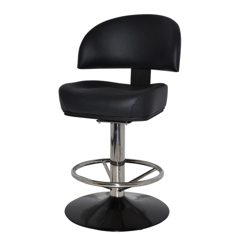 Cowell Gaming Stool In Black Vinyl On Black Disc Base With Stainless Steel Column, Viewed From Angle In Front