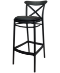 Cross Back Barstool In Black With Black Vinyl Seat Pad, Viewed From The Angle In Front