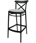 Cross Back Barstool In Black With Light Grey Seat Pad, Viewed From Angle In Front