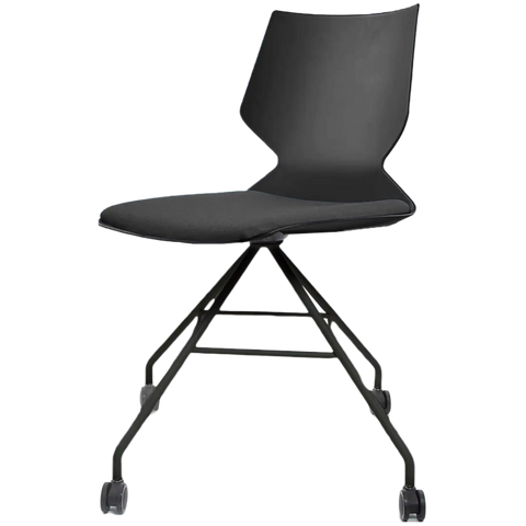 Fly Chair By Claudio Bellini With Black Shell And Custom Upholstered Seat Pad On Black Swivel Frame, Viewed From Angle In Front