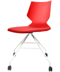 Fly Chair By Claudio Bellini With Red Shell And Custom Upholstered Seat Pad On White Swivel Frame, Viewed From Angle In Front