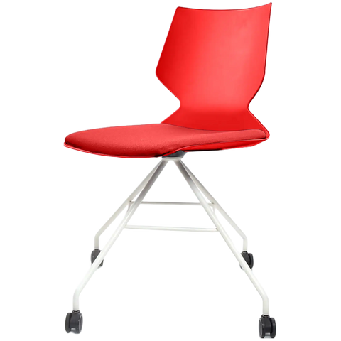 Fly Chair By Claudio Bellini With Red Shell And Custom Upholstered Seat Pad On White Swivel Frame, Viewed From Angle In Front