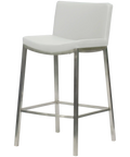 James Counter Stool With White Vinyl Shell, Viewed From Angle In Front