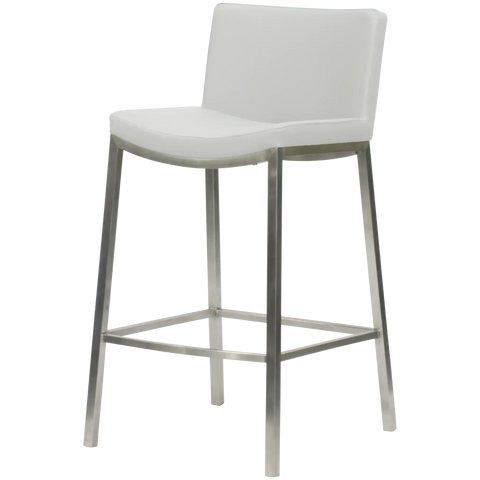James Counter Stool With White Vinyl Shell, Viewed From Angle In Front