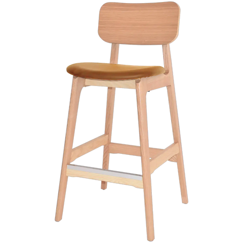 Jonah Bar Stool In Natural Frame And Custom Upholstered Seat Pad Viewed From Front Angle