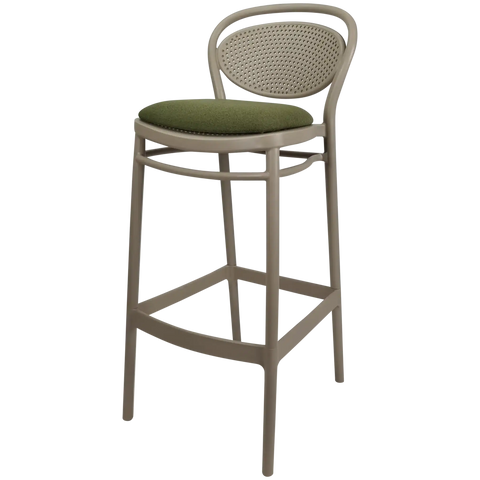 Marcel Bar Stool By Siesta In Taupe With Olive Green Seat Pad, Viewed From Angle