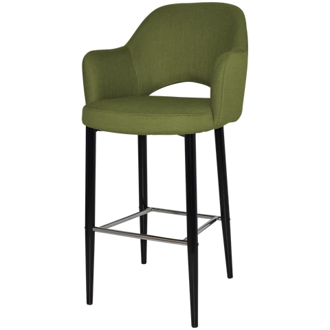 Mulberry Arm Bar Stool With Custom Upholstery And Black Metal 4 Leg Frame, Viewed From Angle In Front