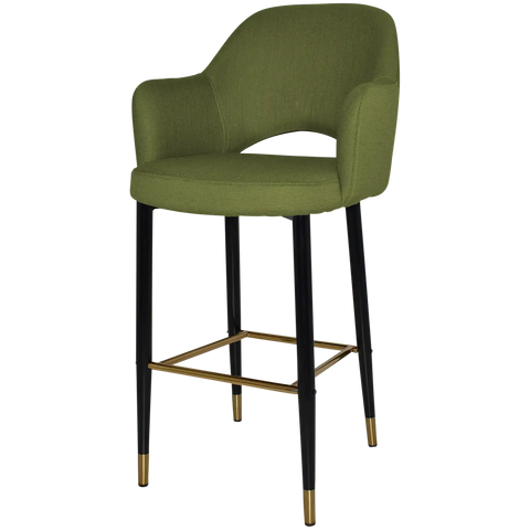 Mulberry Arm Bar Stool With Custom Upholstery And Black With Brass Tips Metal 4 Leg Frame, Viewed From Angle In Front