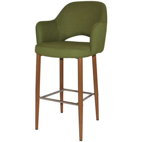 Mulberry Arm Bar Stool With Custom Upholstery And Light Oak Metal 4 Leg Frame, Viewed From Angle In Front