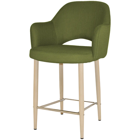 Mulberry Arm Counter Stool With Custom Upholstery And Birch Metal 4 Leg Frame, Viewed From Angle In Front