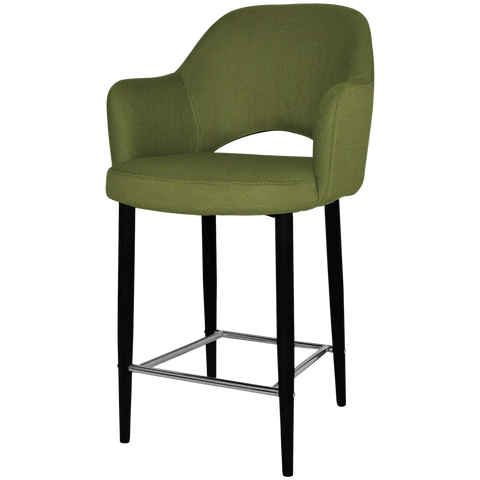 Mulberry Arm Counter Stool With Custom Upholstery And Black Metal 4 Leg Frame, Viewed From Angle In Front