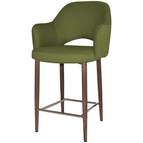 Mulberry Arm Counter Stool With Custom Upholstery And Light Walnut Metal 4 Leg Frame, Viewed From Angle In Front