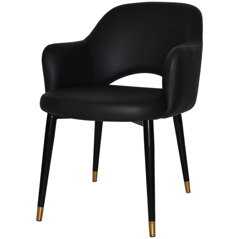 Mulberry Armchair Black With Brass Tip Metal 4 Leg With Black Vinyl Shell, Viewed From Front Angle