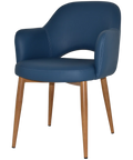 Mulberry Armchair Light Oak Metal 4 Leg With Blue Vinyl Shell, Viewed From Front Angle