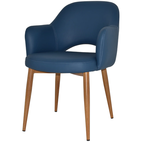 Mulberry Armchair Light Oak Metal 4 Leg With Blue Vinyl Shell, Viewed From Front Angle