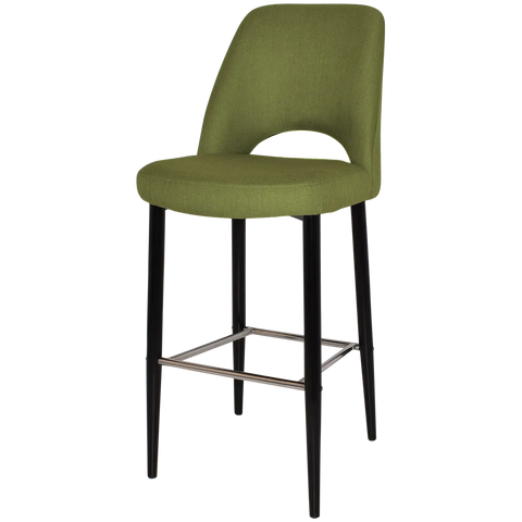 Mulberry Bar Stool With Custom Upholstery And Black Metal 4 Leg Frame, Viewed From Angle In Front