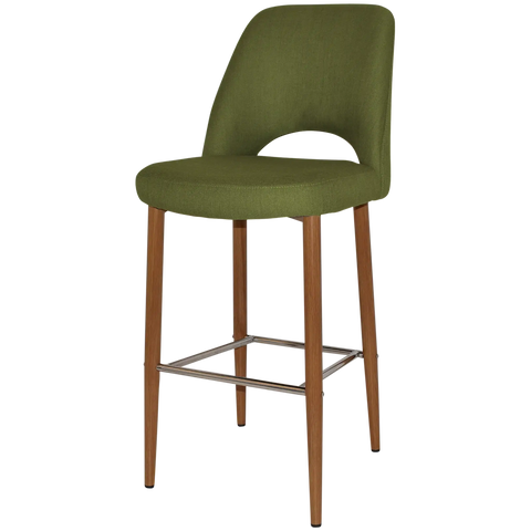 Mulberry Bar Stool With Custom Upholstery And Light Oak Metal 4 Leg Frame, Viewed From Angle In Front