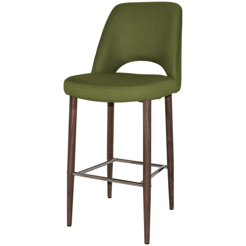 Mulberry Bar Stool With Custom Upholstery And Light Walnut Metal 4 Leg Frame, Viewed From Angle In Front