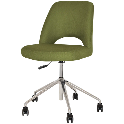 Mulberry Chair With Custom Upholstery And 5 Way Aluminium Office Base On Castors, View From Front Angle