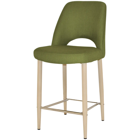 Mulberry Counter Stool With Custom Upholstery And Birch Metal 4 Leg Frame, Viewed From Angle In Front