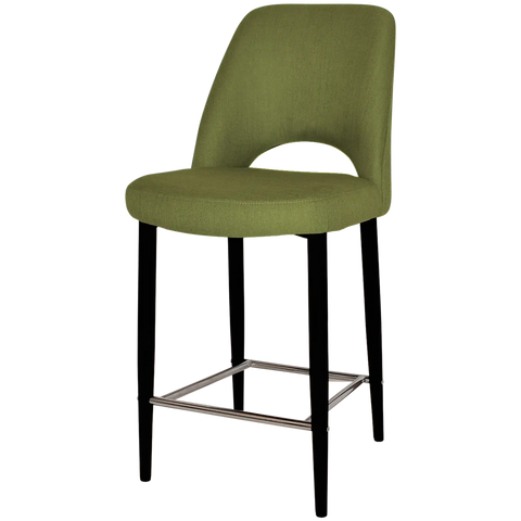 Mulberry Counter Stool With Custom Upholstery And Black Metal 4 Leg Frame, Viewed From Angle In Front