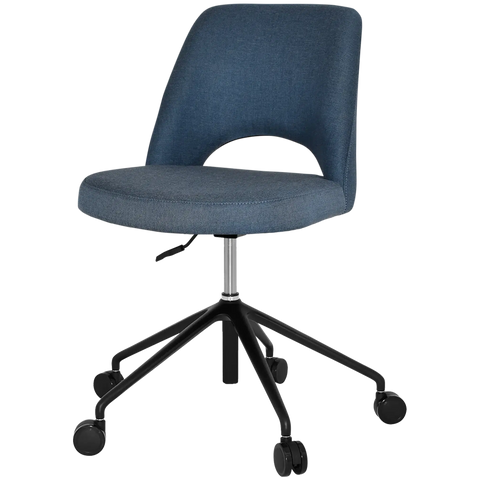 Mulberry Side Chair 5 Way Black Office Base On Castors With Gravity Denim Shell, Viewed From Angle In Front