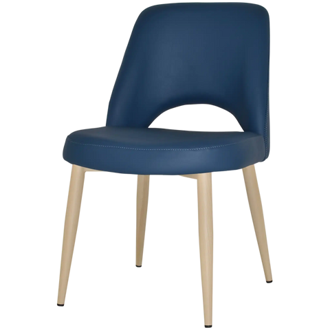 Mulberry Side Chair Birch Metal 4 Leg With Blue Vinyl Shell, Viewed From Angle In Front