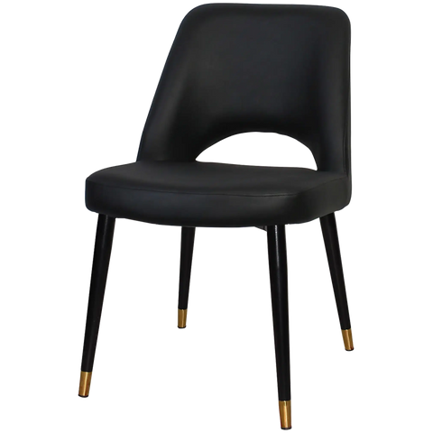 Mulberry Side Chair Black With Brass Tip Metal 4 Leg With Black Vinyl Shell, Viewed From Angle In Front