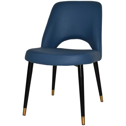 Mulberry Side Chair Black With Brass Tip Metal 4 Leg With Blue Vinyl Shell, Viewed From Angle In Front