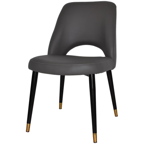 Mulberry Side Chair Black With Brass Tip Metal 4 Leg With Charcoal Vinyl Shell, Viewed From Angle In Front