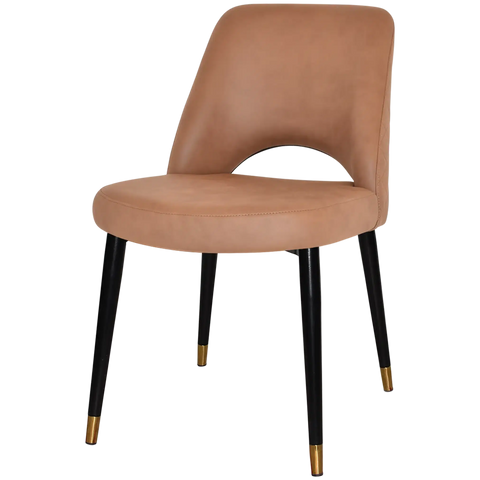 Mulberry Side Chair Black With Brass Tip Metal 4 Leg With Pelle Benito Tan Shell, Viewed From Angle In Front
